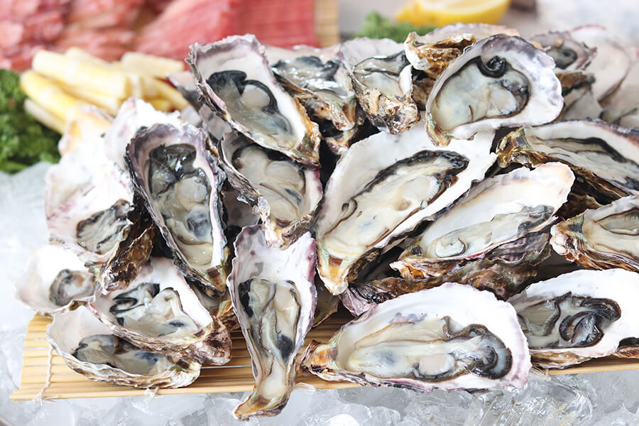 Oysters on the half shell on ice with lemon.