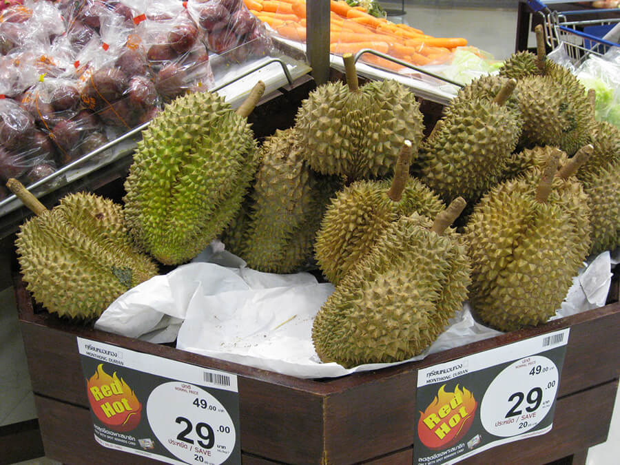 Durian on sale at a supermarket in Thailand.