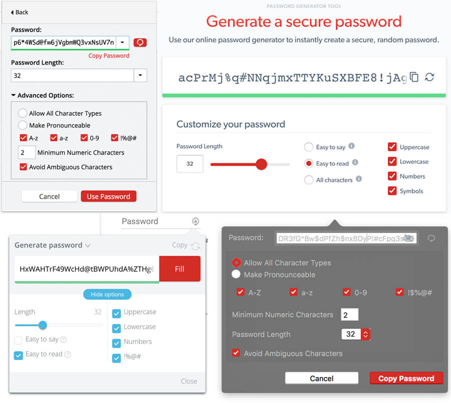 LastPass password generator options collage (browser extension, app, online generator, inline).